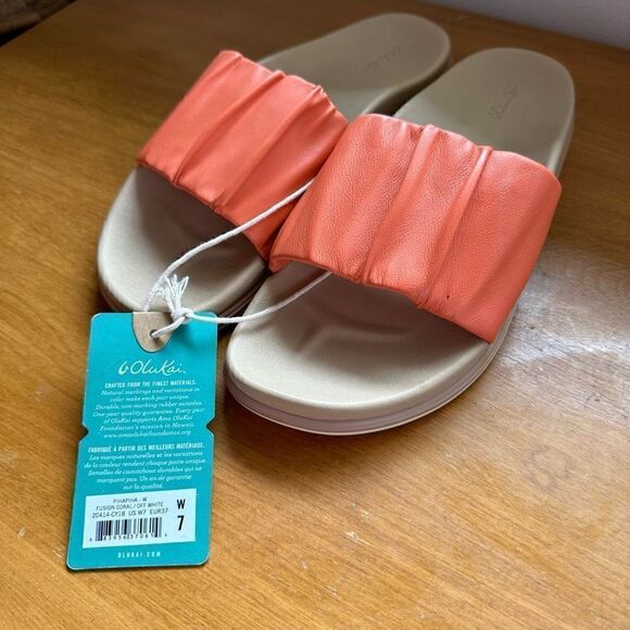 Olukai Women's Pihapiha Fusion Coral-Off White Leather Slide Sandal - Picture 6 of 11